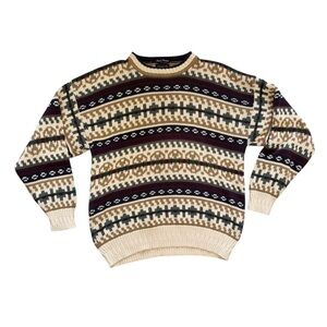 Vintage 90s Abstract Striped Chunky Knit Grandpa Crewneck Sweater